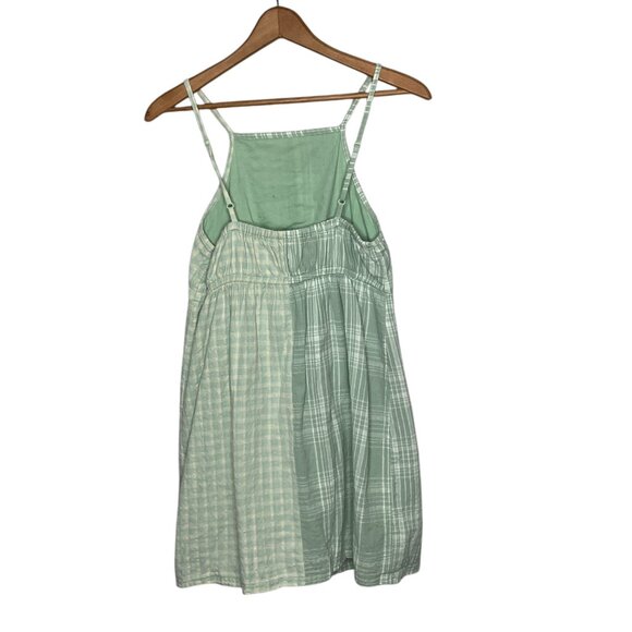 American Eagle Small S Green Plaid Cotton Linen Halter Sheath Mini Sun Dress - Picture 3 of 5